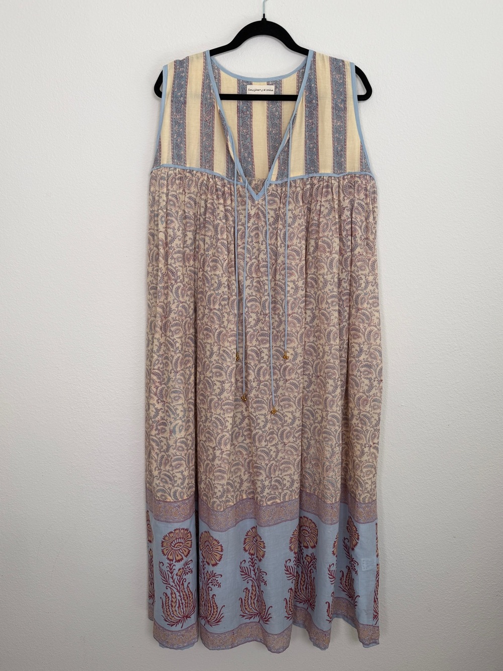 Daughters of India Aahna Blue & Cream Floral Block Print Cotton Maxi Dress Large